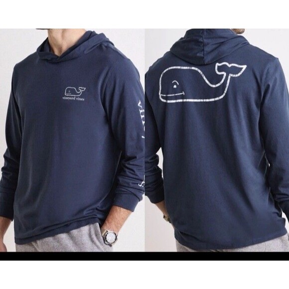 Vineyard Vines Men's L Vintage Whale Long Sleeve Hoodie T Shirt Blue New NWT - Picture 1 of 9